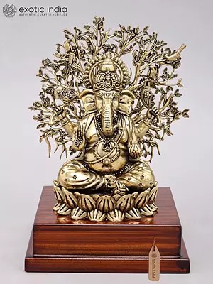 Lord Ganesha Sculpture with Tree and Wood Stand
