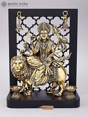 Designer Wood Framed Goddess Druga Statue in Brass with Lamps and Bells