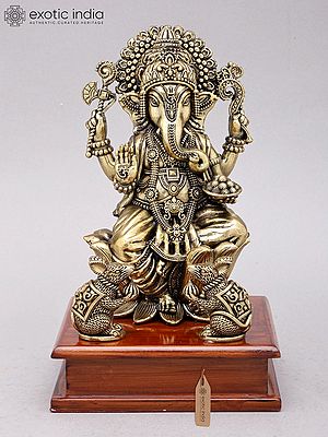 9" Brass Superfine Blessing Lord Ganesha on Wood Base