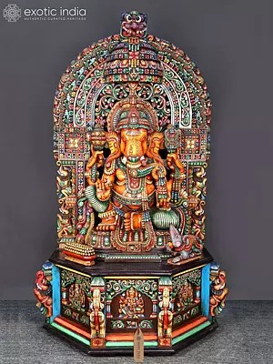 8 Feet Lord Ganesha Sculpture on Ornate Kirtimukha Throne