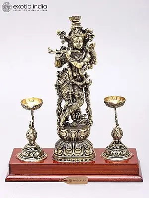 9" Superfine Fluting Lord Krishna with Peacock Lamps |  Brass Statue on Wood Base