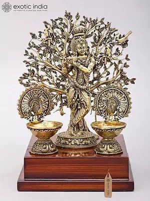 8" Superfine Fluting Lord Krishna with Beautiful Tree as Backdrop | Brass Statue on Wood Base