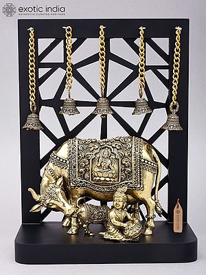 12" Superfine Makhanchor Krishna with Cow and Calf | Wood Framed Brass Statue