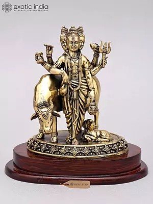 6" Brass Dattatreya Statue with Cow and Dog on Wood Base