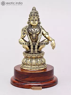 5" Small Superfine Brass Lord Ayyappan Statue on Wood Base