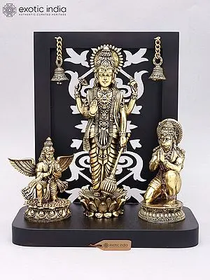 12" Superfine Standing Lord Vishnu with Garuda and Hanuman | Wood Framed Brass Statue