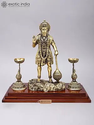 14" Superfine Standing Lord Hanuman in Blessing Gesture with Peacock Lamps | Brass Statue on Wood Base