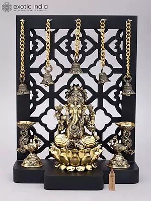 12" Jali Design Wood Framed Superfine Bhagawan Ganapati Statue in Brass with Peacock Lamps