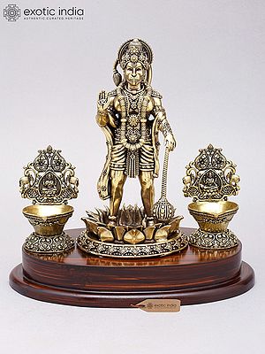 10" Superfine Standing Lord Hanuman in Blessing Gesture with Lamps | Brass Statue on Wood Base