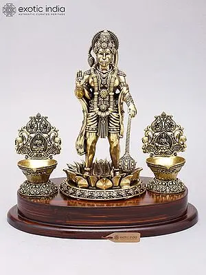 10" Superfine Standing Lord Hanuman in Blessing Gesture with Lamps | Brass Statue on Wood Base