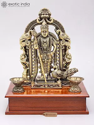 10" Superfine Lord Murugan (Karttikeya) Statue with Lamps on Wood Base