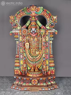 78" Large Size Colorful Tirupati Balaji (Venkateshvara) with Kirtimukha Prabhavali | Wood Carving