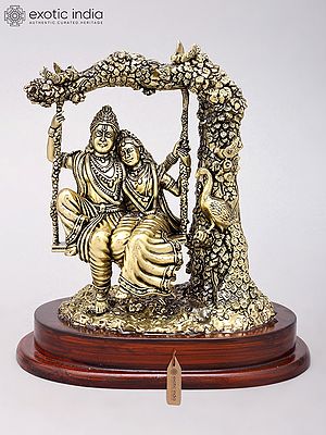 Radha Krishna Brass Statue on Swing | Divine Couple Sculpture with Wood Base