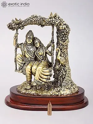 7" Superfine Radha Krishna on Swing | Brass Statue on Wood Base