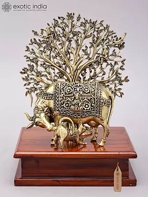 8" Superfine Cow and Calf with Tree as Backdrop | Brass Statue with Wood Base