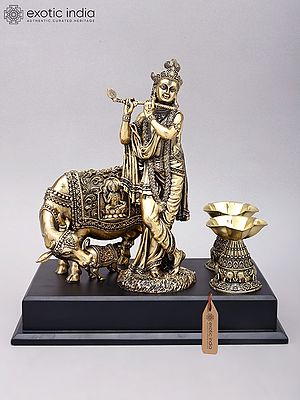 12" Superfine Fluting Krishna with Cow and Calf and Oil Lamps | Brass Statue on Wood Base