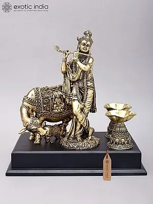 12" Superfine Fluting Krishna with Cow and Calf and Oil Lamps | Brass Statue on Wood Base