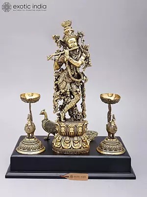 14" Lord Krishna Playing Flute with Peacock Lamps | Brass Statue on Wood Base
