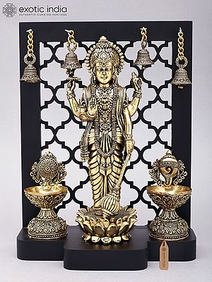 12" Four Armed Standing Lord Vishnu with Shankha Chakra Lamps and Bells | Designer Wood Framed Brass Sculpture