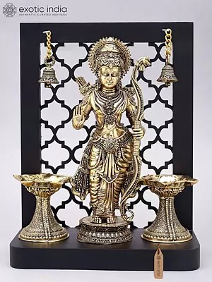 12" Designer Wood Framed Prabhu Shri Rama Statue in Brass with Lamps and Bells