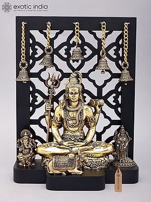 12" Superfine Lord Shiva with Sons Ganesha and Karttikeya | Brass Statues with Designer Wood Frame