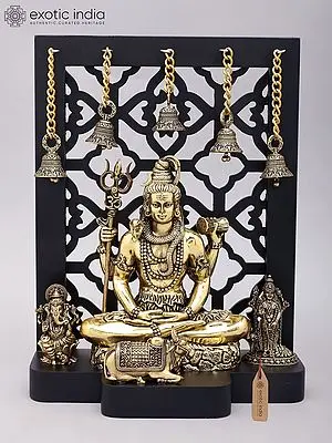 12" Superfine Lord Shiva with Sons Ganesha and Karttikeya | Brass Statues with Designer Wood Frame