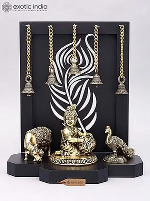12" Superfine Butter Krishna with Cow and Peacock | Brass Statue with Designer Wood Frame