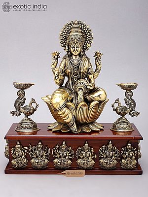 11" Superfine Ashtalakshmi Statues in Brass on Wood Base with Peacock Lamps