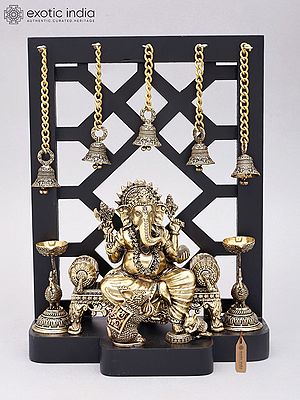 Superfine Lord Ganesha Sculpture on Throne | Designer Wood Framed Brass Artwork