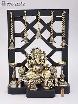 12" Superfine Lord Ganesha Seated on Singhasan | Designer Wood Framed Brass Sculpture