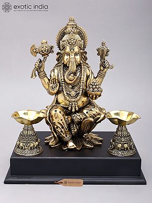 13" Superfine Blessing Ganesha Statue in Brass on Wood Base