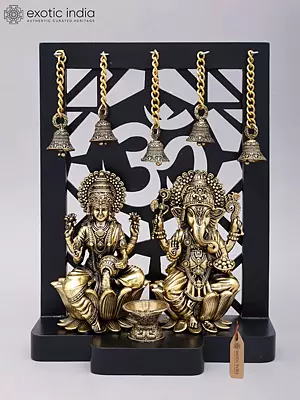 12" Superfine Sitting Lakshmi Ganesha | Wood Framed Brass Statues