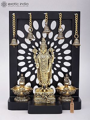 12" Designer Wood Framed Superfine Tirupati Balaji (Venkateshvara) Statue in Brass with Goddess Lakshmi Lamps