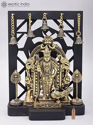 12" Superfine Brass Lord Karttikeya (Murugan) Standing on Kirtimukha Throne with Designer Wood Frame