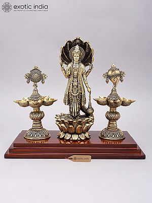 13" Superfine Standing Lord Vishnu on Lotus with Shankha Chakra Lamps | Brass Statue on Wood Base