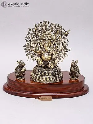 7" Superfine Blessing Lord Ganesha with Tree as Backdrop | Brass Idol on Wood Base