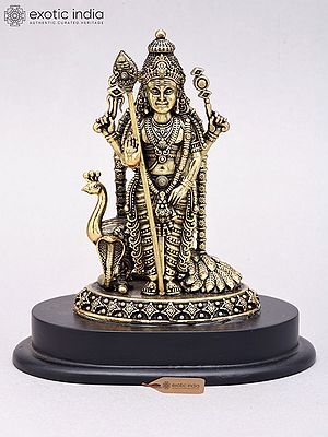 7" Superfine Lord Karttikeya (Murugan) Statue in Brass on Wood Base