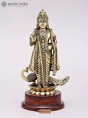 Superfine Brass Murugan (Karttikeya) Idol, 7" Tall with Peacock and Wood Base