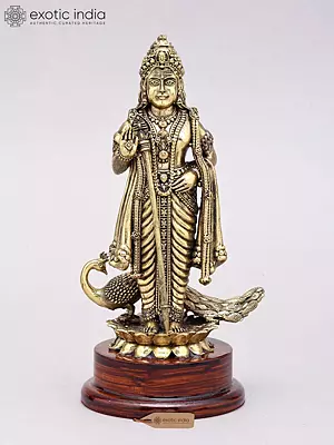 7" Superfine Brass Karttikeya (Murugan) Statue on Wood Base