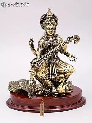 12" Superfine Goddess Saraswati Statue in Brass on Wood Base