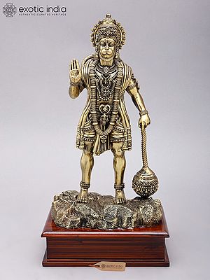 Standing Lord Hanuman Brass Statue in Blessing Gesture on Wood Base