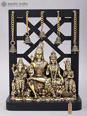 12" Superfine Shiva Family with Dangling Bells | Brass Statue with Wood Frame