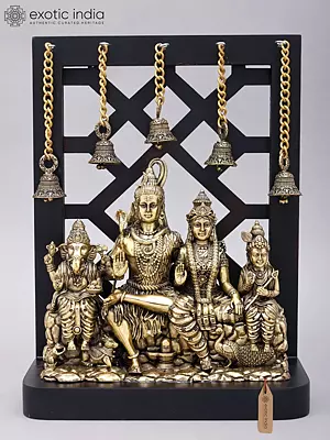 12" Superfine Shiva Family with Dangling Bells | Brass Statue with Wood Frame