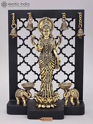 Brass Gaja Lakshmi Figurine with Decorative Wood Panel - 12" Height