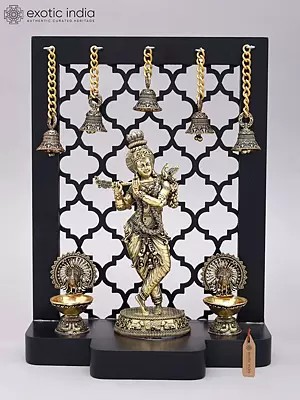 12" Brass Superfine Lord Krishna Playing Flute with Jali Design Wood Frame
