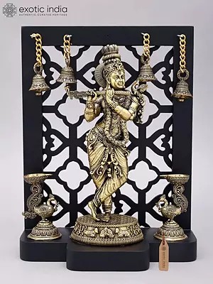 12" Superfine Fluting Lord Krishna Idol with Stylized Wood Frame