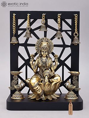 12" Superfine Goddess Lakshmi with Peacock Lamps and Bells | Brass Statue with Designer Wood Frame