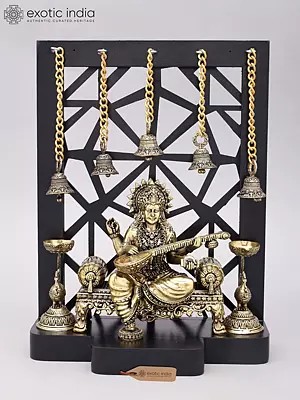 12" Designer Wood Framed Superfine Goddess Saraswati Statue with Bells and Lamps