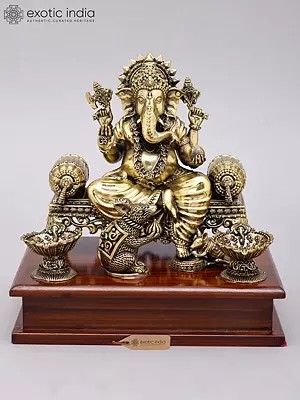 7" Superfine Bhagawan Ganapati Seated on Singhasana | Brass Statue on Wood Base
