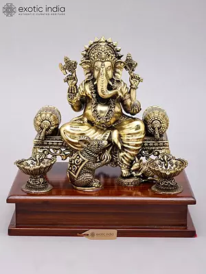 7" Superfine Bhagawan Ganapati Seated on Singhasana | Brass Statue on Wood Base